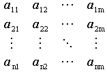 matrix{ a_11 # a_12 # dotsaxis #a_{1m} ## a_21 # a_22 # dotsaxis # a_{2m} ## dotsvert #dotsvert #dotsdown #dotsvert ## a_{n1} # a_{n2} # dotsaxis #a_{nm} }